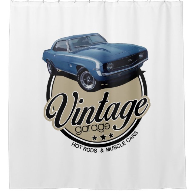 Rideaux De Douche Bleu vintage Camaro de garage (Devant)