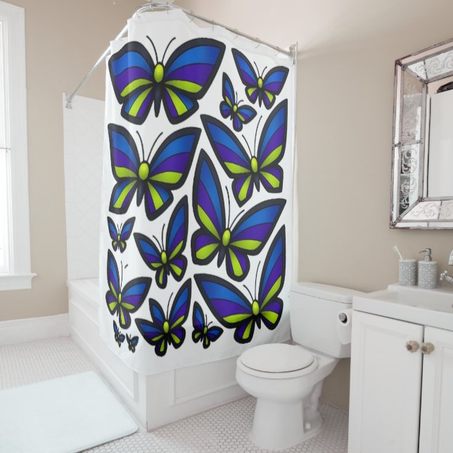 Rideaux De Douche Bleu violet ailes vertes maintenant (En situation)