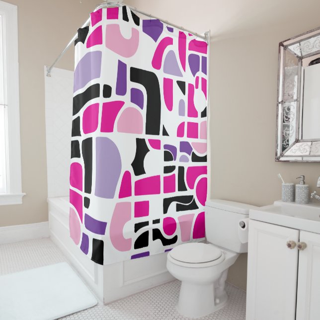 Rideaux De Douche Blocs de couleur doux rose violet noir  (En situation)