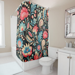 Rideaux De Douche Blooms colorés et Motifs de Paisley sur Noir