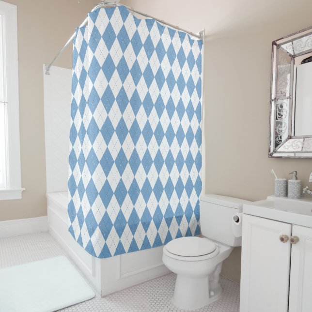 Rideaux De Douche Blue and White Argyle Diamond Geometric Pattern (En situation)