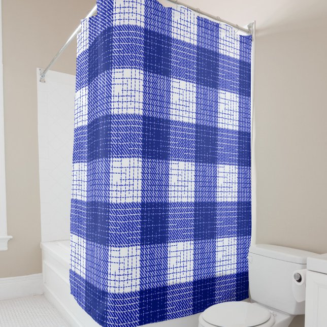 Rideaux De Douche Blue and White Bold Checkered Plaid Design  (Créateur téléchargé)
