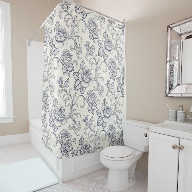 Rideaux De Douche Blue and white roses flower country (En situation)