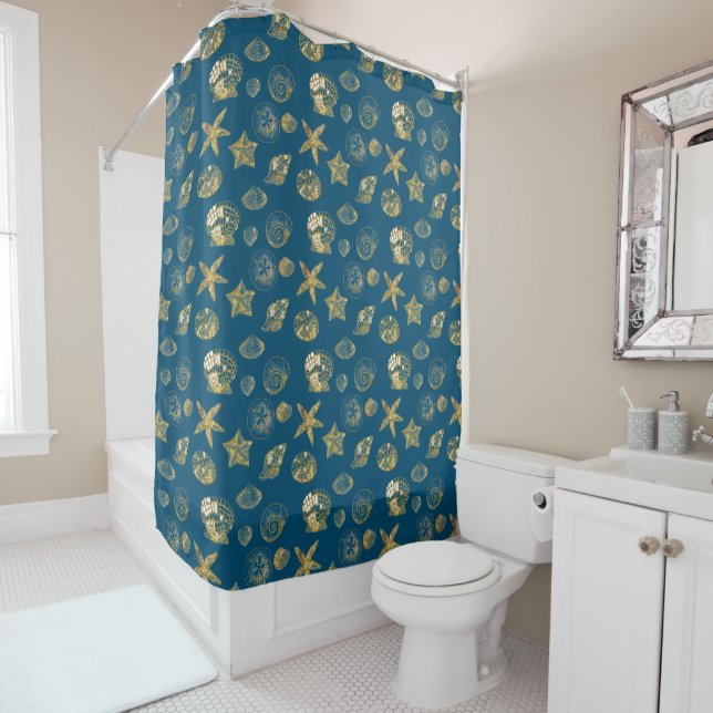 Rideaux De Douche Blue Beach Gold Sea Shells (En situation)