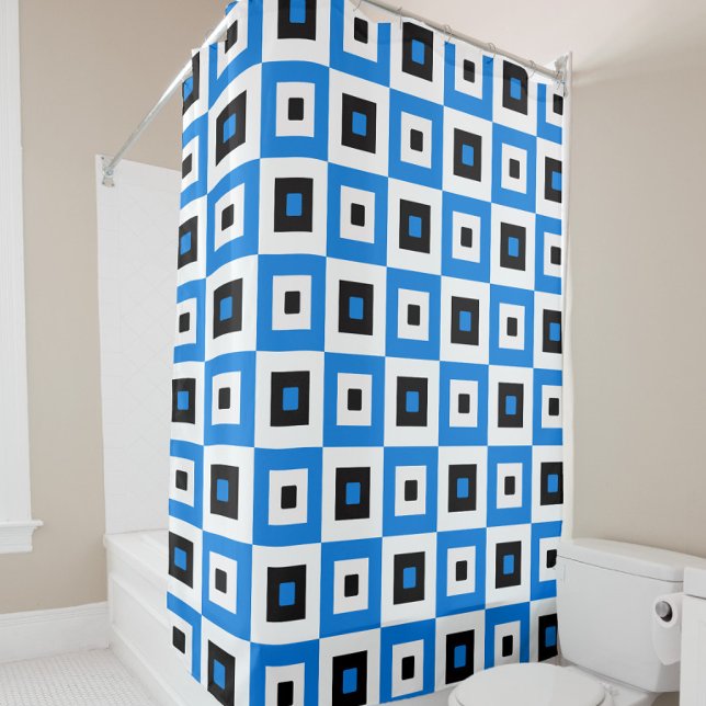 Rideaux De Douche Blue Black and White Checkered Squares Pattern (Créateur téléchargé)