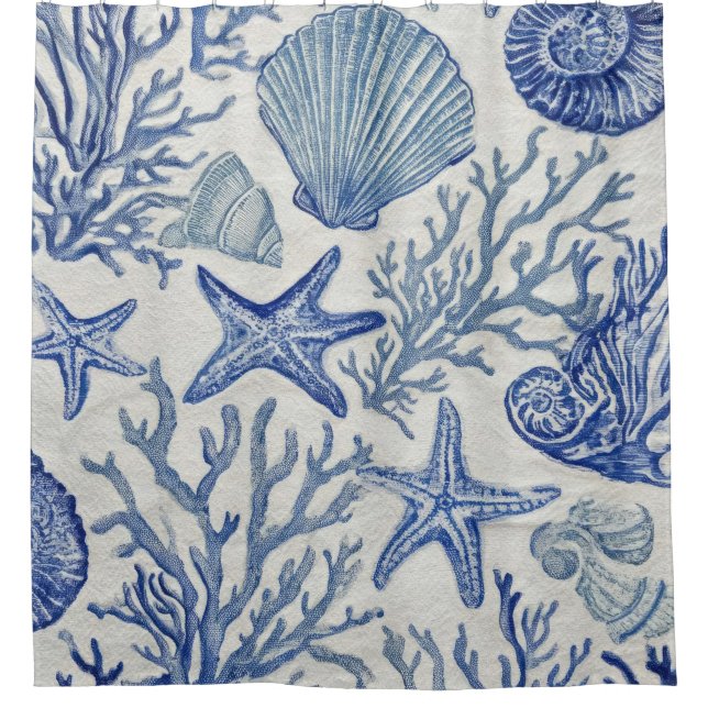Rideaux De Douche Blue Coastal Toile Seashell Coral Pattern (Devant)