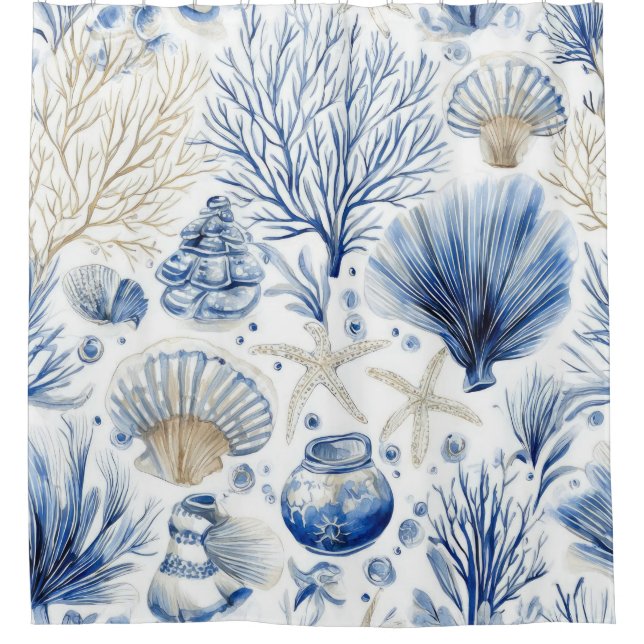 Rideaux De Douche Blue Coastal Toile Seashell Coral Pattern (2) (Devant)