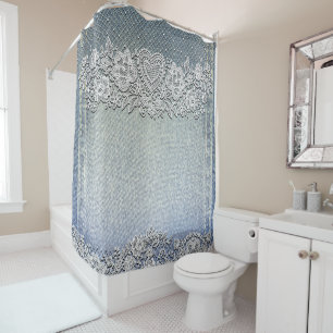 Rideaux De Douche Blue Denim Jean & White Heart Lace