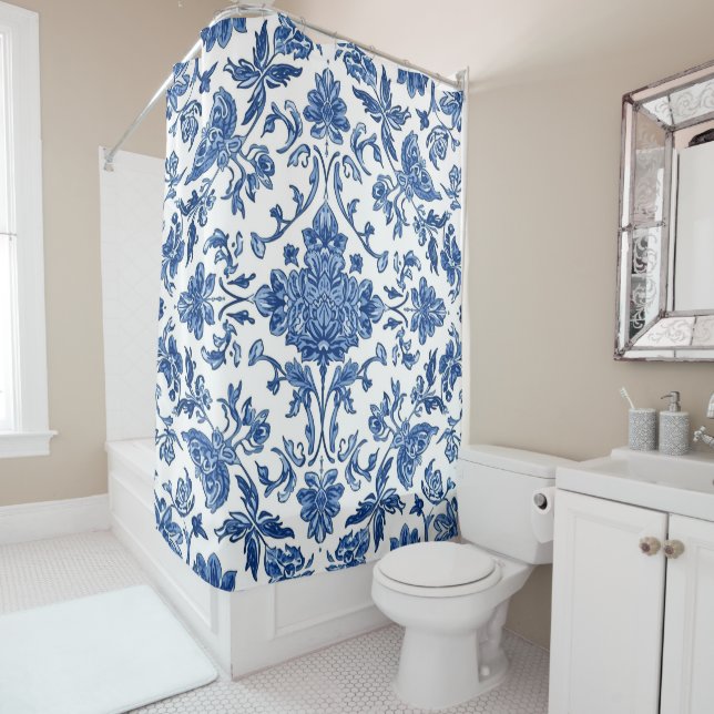 Rideaux De Douche Blue Floral Chinoiserie White Watercolor (En situation)