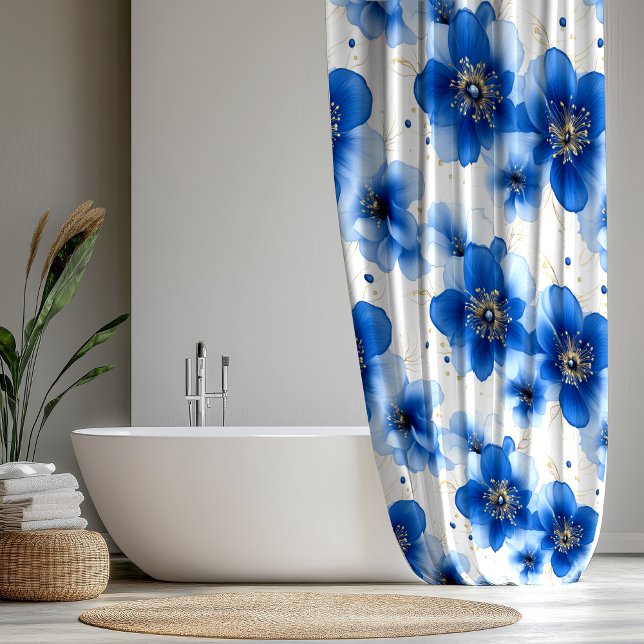 Rideaux De Douche Blue Floral Pattern with Gold Accents (Créateur téléchargé)