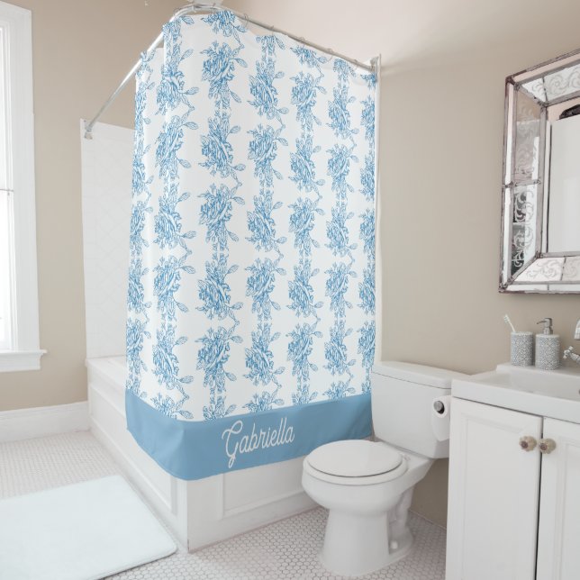 Rideaux De Douche Blue French Toile Floral Pattern Name (En situation)