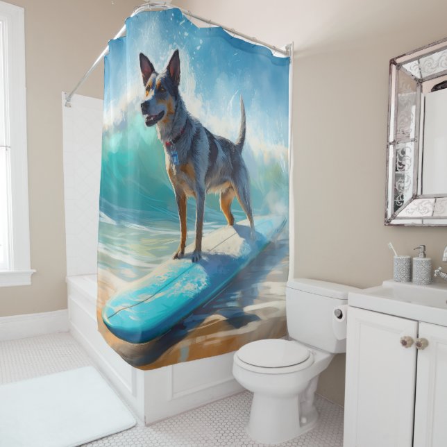 Rideaux De Douche Blue Heeler Beach Surfing Peinture (En situation)
