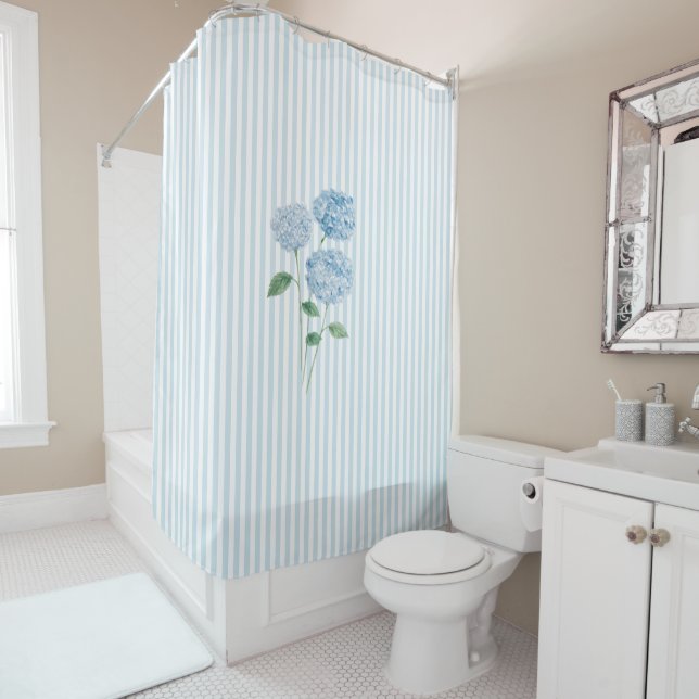Rideaux De Douche Blue Hydrangea Stripe Pattern Coastal  (En situation)
