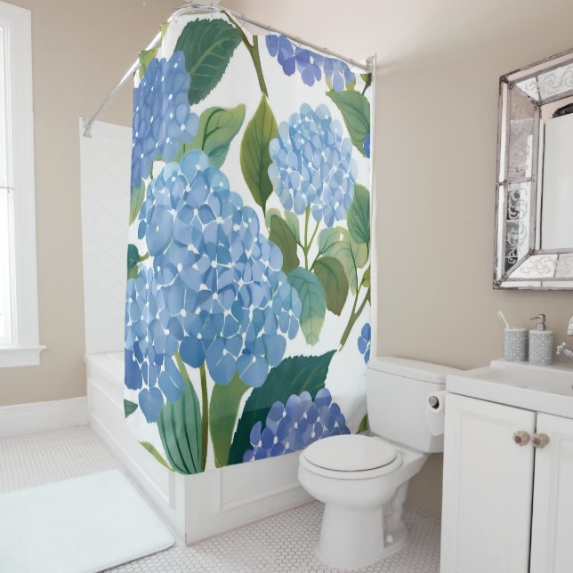 Rideaux De Douche Blue Hydrangeas | Belle aquarelle florale (En situation)