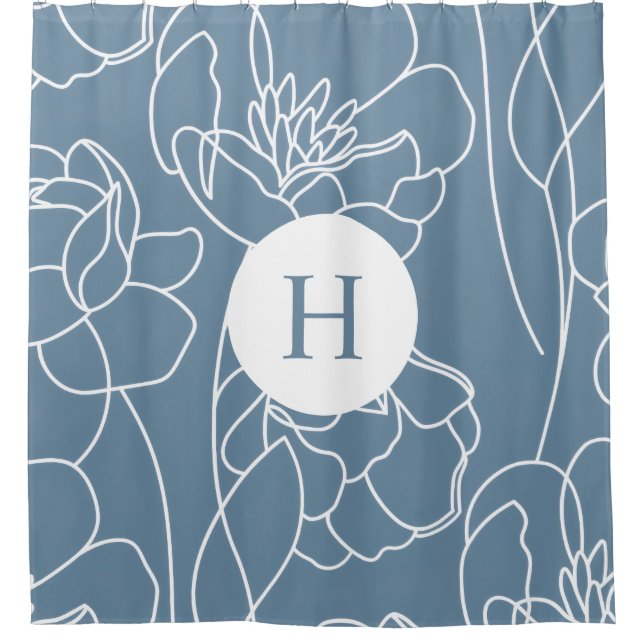 Rideaux De Douche Blue Modern Elegant Wildflower Monogram Name (Devant)
