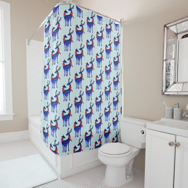 Rideaux De Douche Blue Nordic Reindeer Pair Motif (En situation)