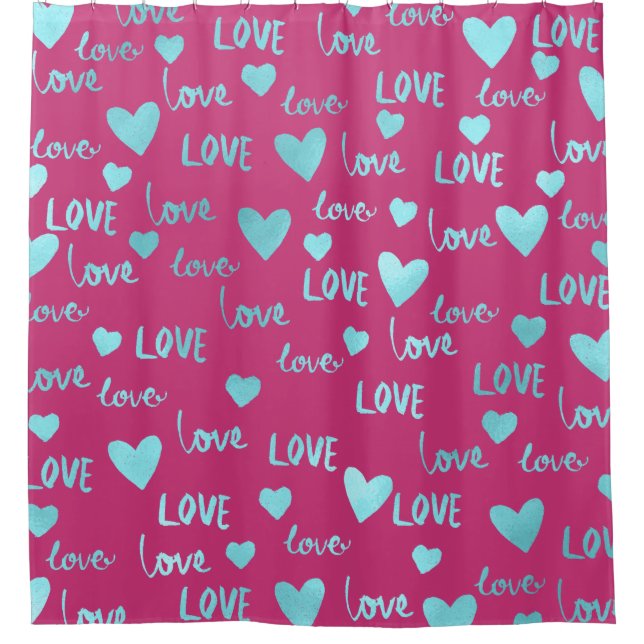 Rideaux De Douche Blue Ocean Hearts Aimer Turquoise Fuchsia Rose (Devant)