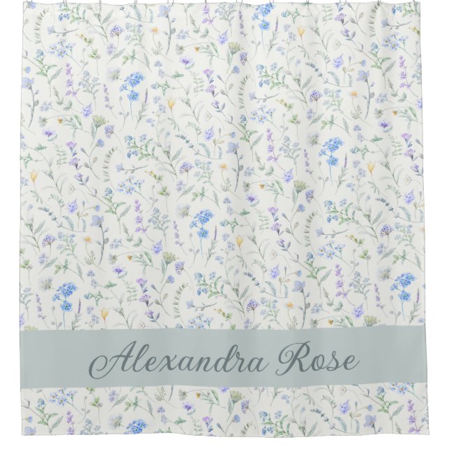 Rideaux De Douche Blue Purple Watercolor Wildflower Monogram Name (Devant)