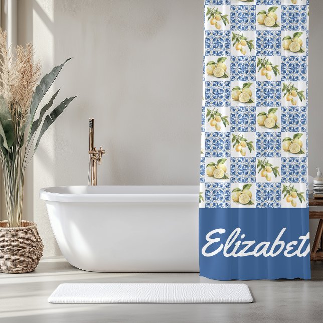 Rideaux De Douche Blue Tile French Country Lemon Custom Name (Créateur téléchargé)