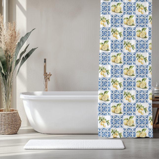 Rideaux De Douche Blue Tile French Country Lemon Pattern (Créateur téléchargé)