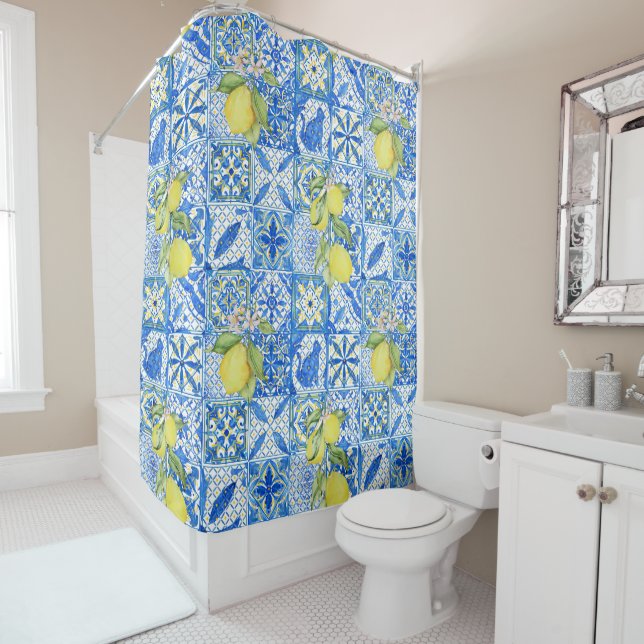 Rideaux De Douche Blue Tile French Country Lemon Pattern Home Decor (En situation)