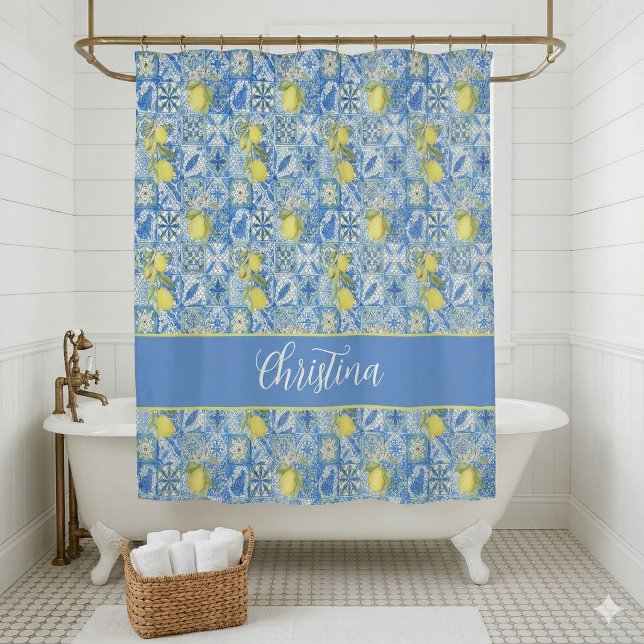 Rideaux De Douche Blue Tile French Country Lemon Pattern Shower Curt (Créateur téléchargé)