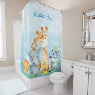 Rideaux De Douche Blue Watercolor Cute Safari Jungle Animaux