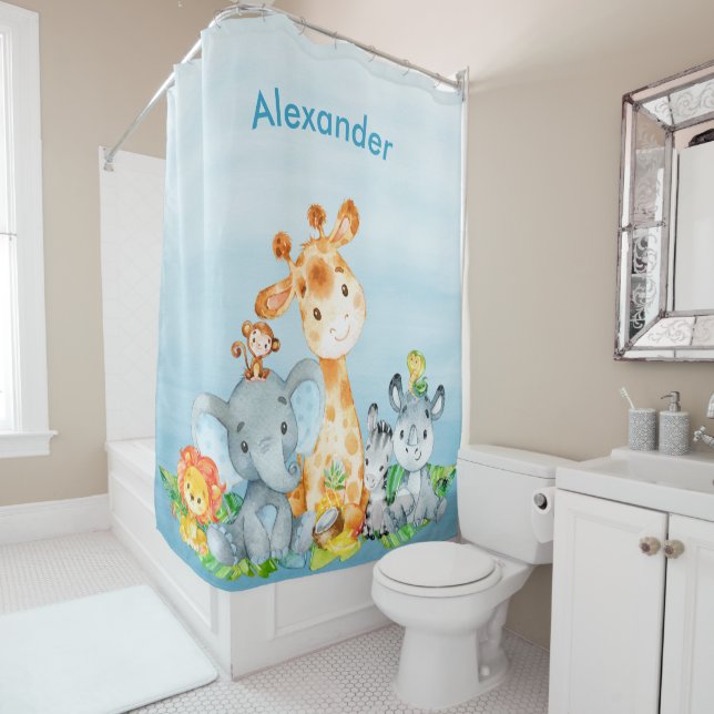 Rideaux De Douche Blue Watercolor Cute Safari Jungle Animaux (En situation)