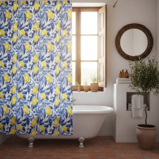 Rideaux De Douche Blue Watercolor Lemon Pattern  (Créateur téléchargé)