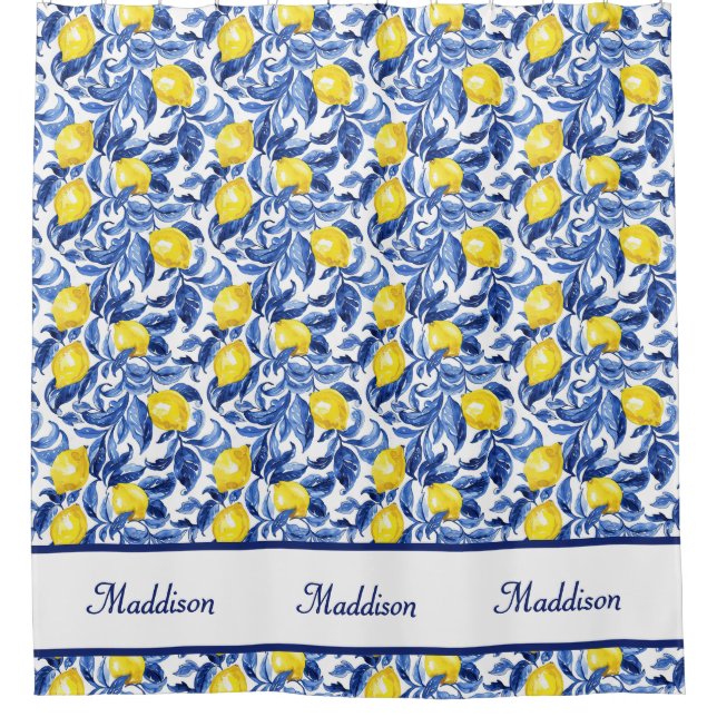 Rideaux De Douche Blue Watercolor Lemon Pattern Monogram Name (Devant)