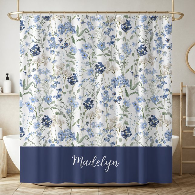 Rideaux De Douche Blue Watercolor Wildflower Monogram Name (Créateur téléchargé)