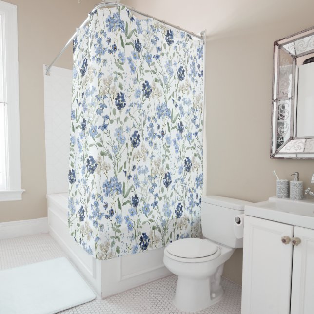 Rideaux De Douche Blue Watercolor Wildflower Pattern (En situation)