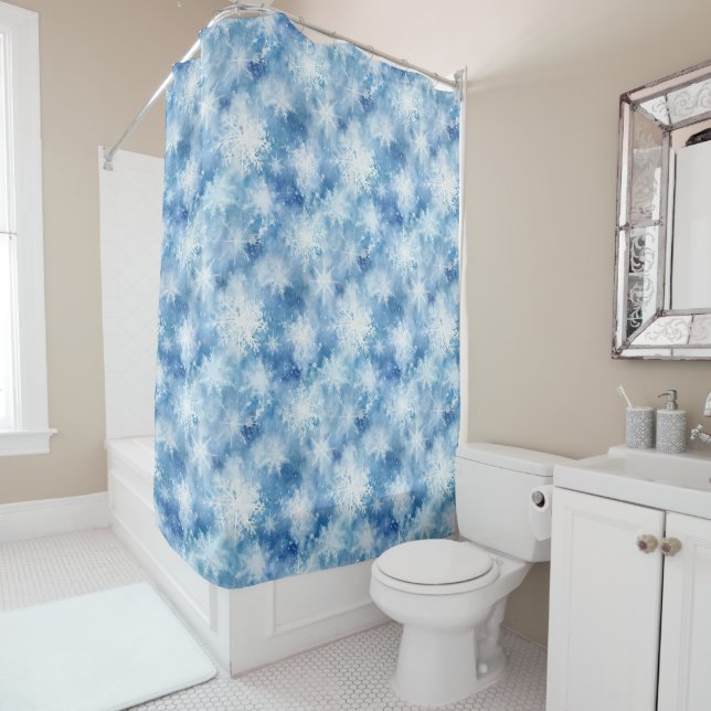 Rideaux De Douche Blue with Snowflakes Watercolor Style (En situation)