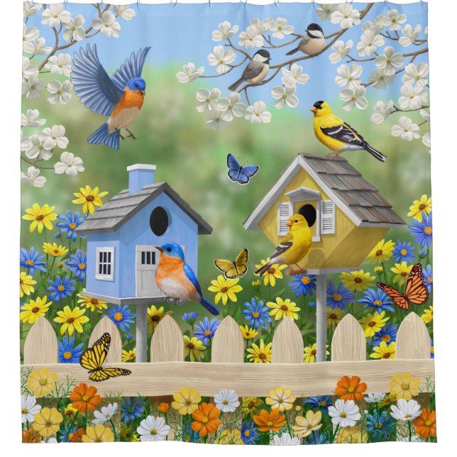 Rideaux De Douche Bluebirds Goldfinches Birdhouses Jardin aux fleurs (Devant)