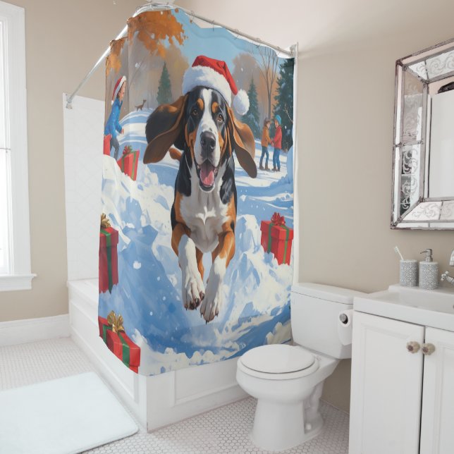 Rideaux De Douche Bluetick Coonhound courant dans la neige avec Noël (En situation)