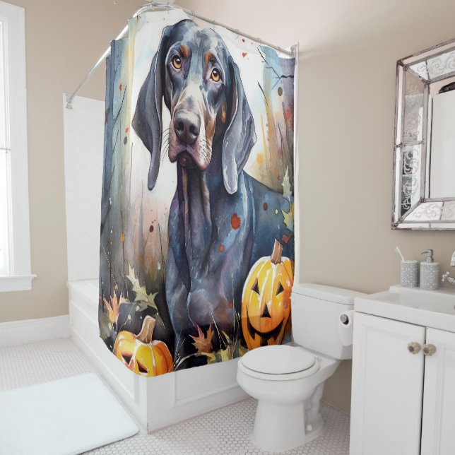 Rideaux De Douche Bluetick Coonhound d'Halloween avec citrouilles ef (En situation)
