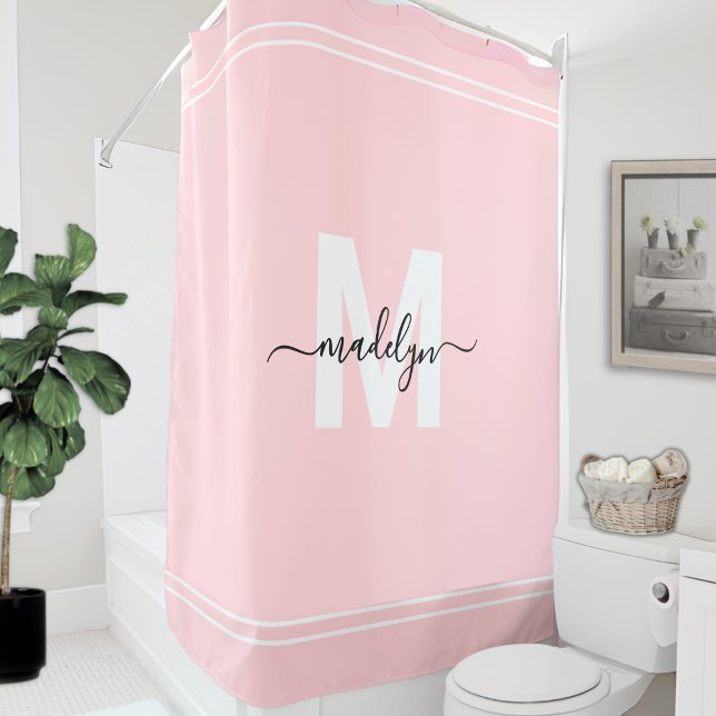 Rideaux De Douche Blush Pink Personnalisé Nom élégant Monogramme (Blush Pink Personalized Elegant Name Monogram Shower Curtain)