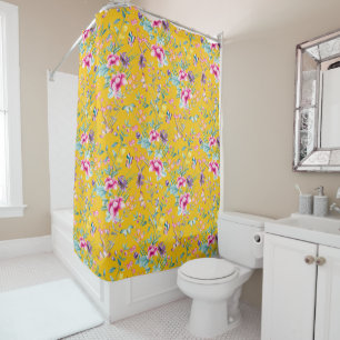 Rideaux De Douche Bohème Chic Floral & Papillons Moustard Jaune