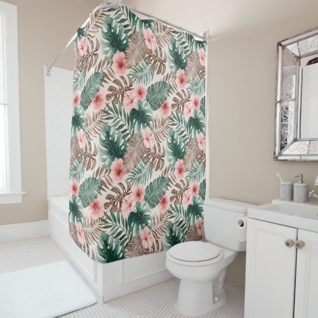 Rideaux De Douche Boho Aquarelle moderne Feuilles floraux tropicaux (En situation)