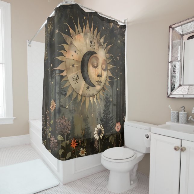 Rideaux De Douche Boho Celestial Sun Moon Wildflower Garden (En situation)