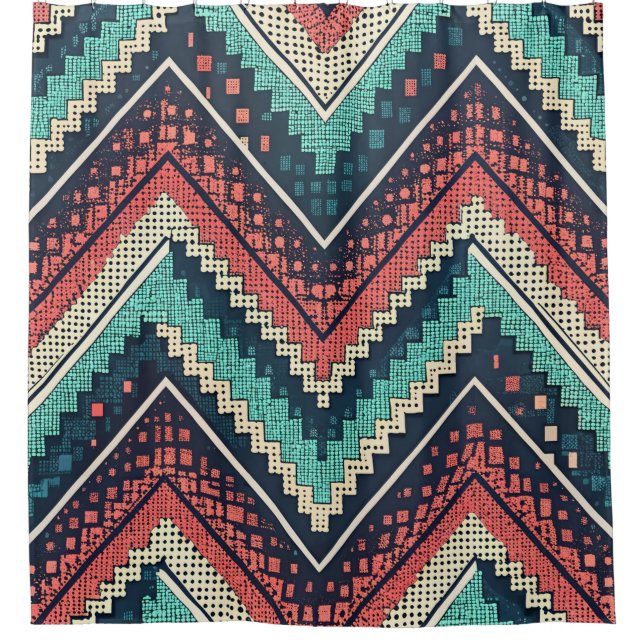Rideaux De Douche Boho Chevron Motif | Zigzag turquoise, corail et c (Devant)