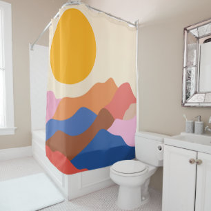 Rideaux De Douche Boho Esthétique Abstrait Paysage Montagnes Bleu  