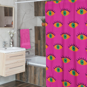 Rideaux De Douche BOHO Evil Eye Motif Funky Fuchsia Fun