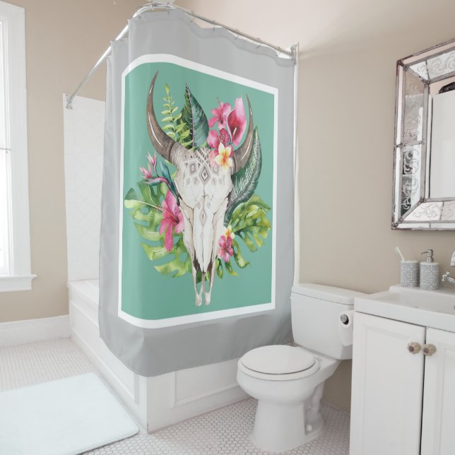 Rideaux De Douche Boho Floral Crâne Sarcelle & Gris Chic Glamour Mod (En situation)