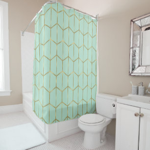 Rideaux De Douche Boho Mint Green Hexagon Gold & Geometric Glam