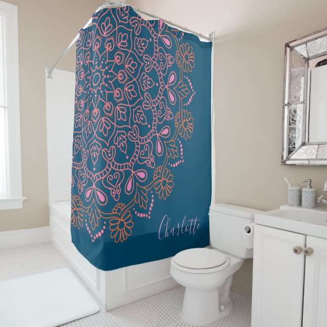 Rideaux De Douche Boho moderne Mandala Medallion Turquoise Nom du sc (En situation)