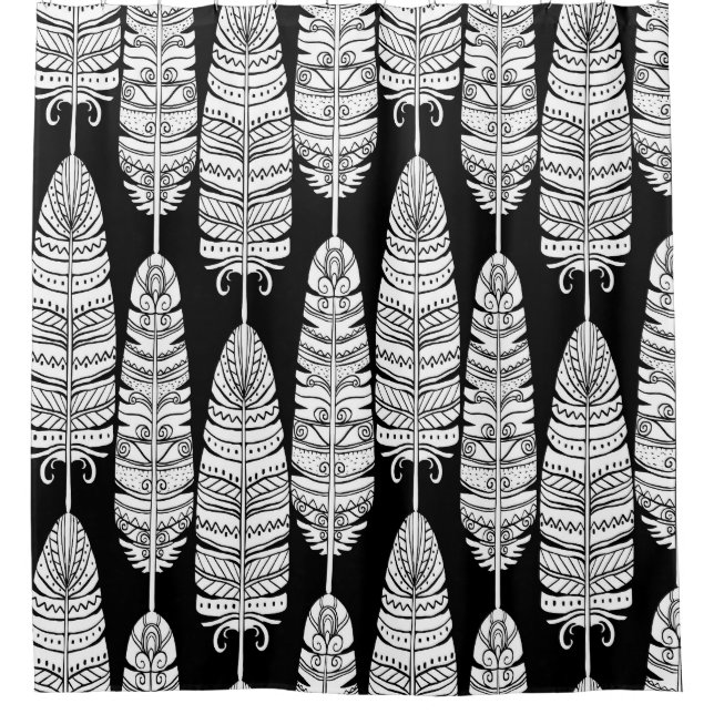 Rideaux De Douche Boho plumes : motif noir et blanc (Devant)