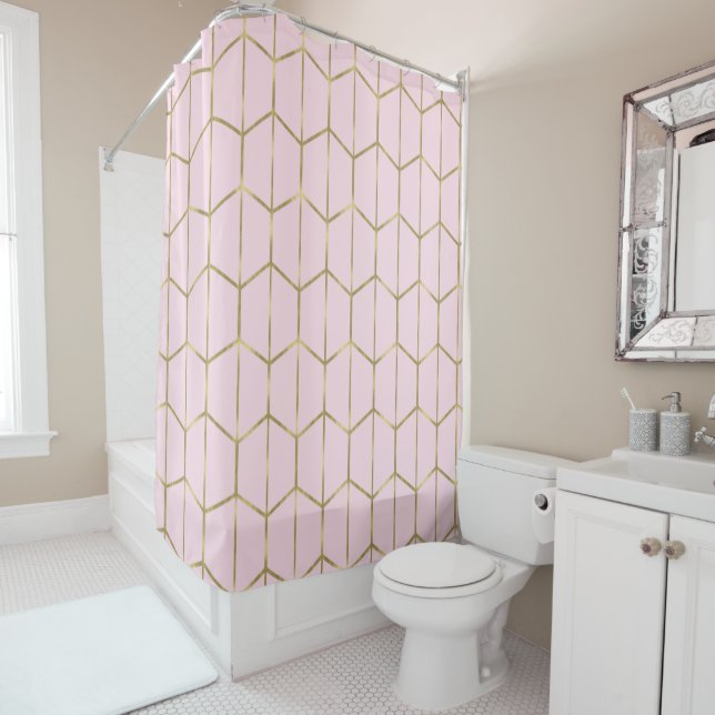 Rideaux De Douche Boho Rose Hexagone Or et Glamour Géométrique (En situation)