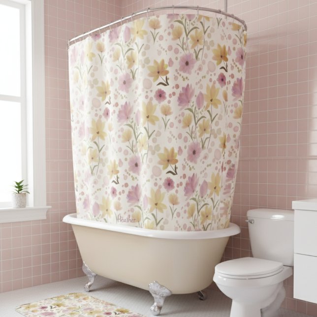 Rideaux De Douche Boho rose pâle aquarelle fleur sauvage  (Créateur téléchargé)