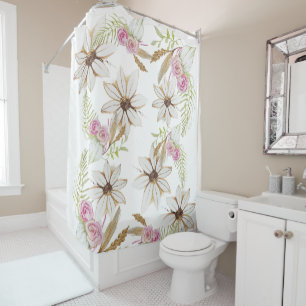 Rideaux De Douche Boho Rose Vert Blanc Marron Floral Élégant Tendanc
